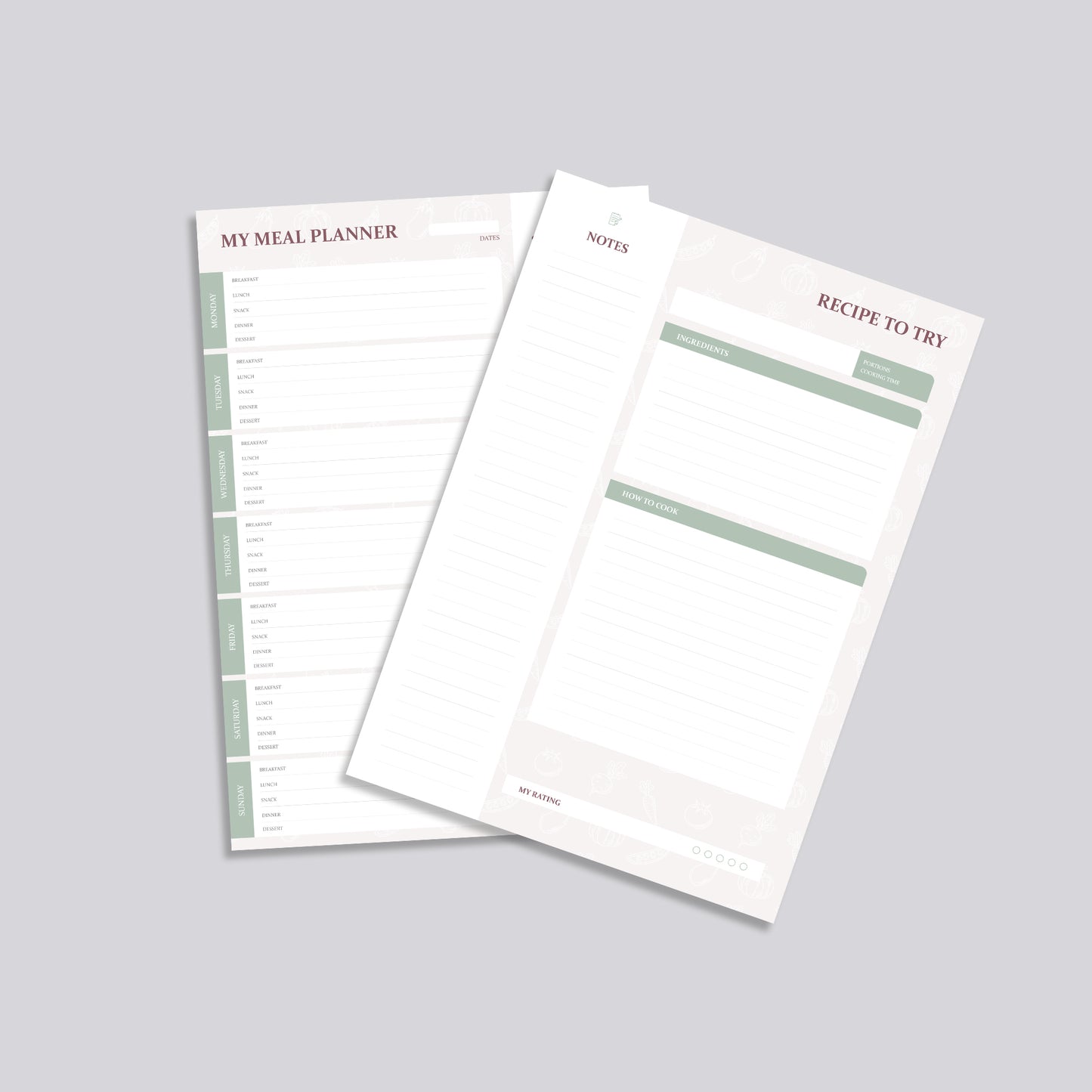 Beige weekly meal planner with sections for breakfast, lunch, dinner, snacks, shopping list, and recipe card