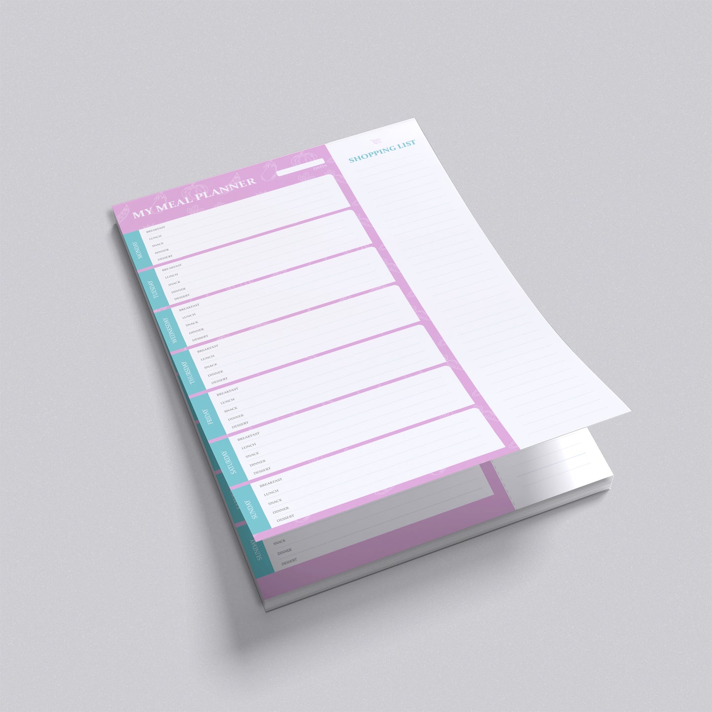 Weekly meal planner chart with labeled days from Monday to Sunday, divided into sections for breakfast, lunch, dinner, and snacks