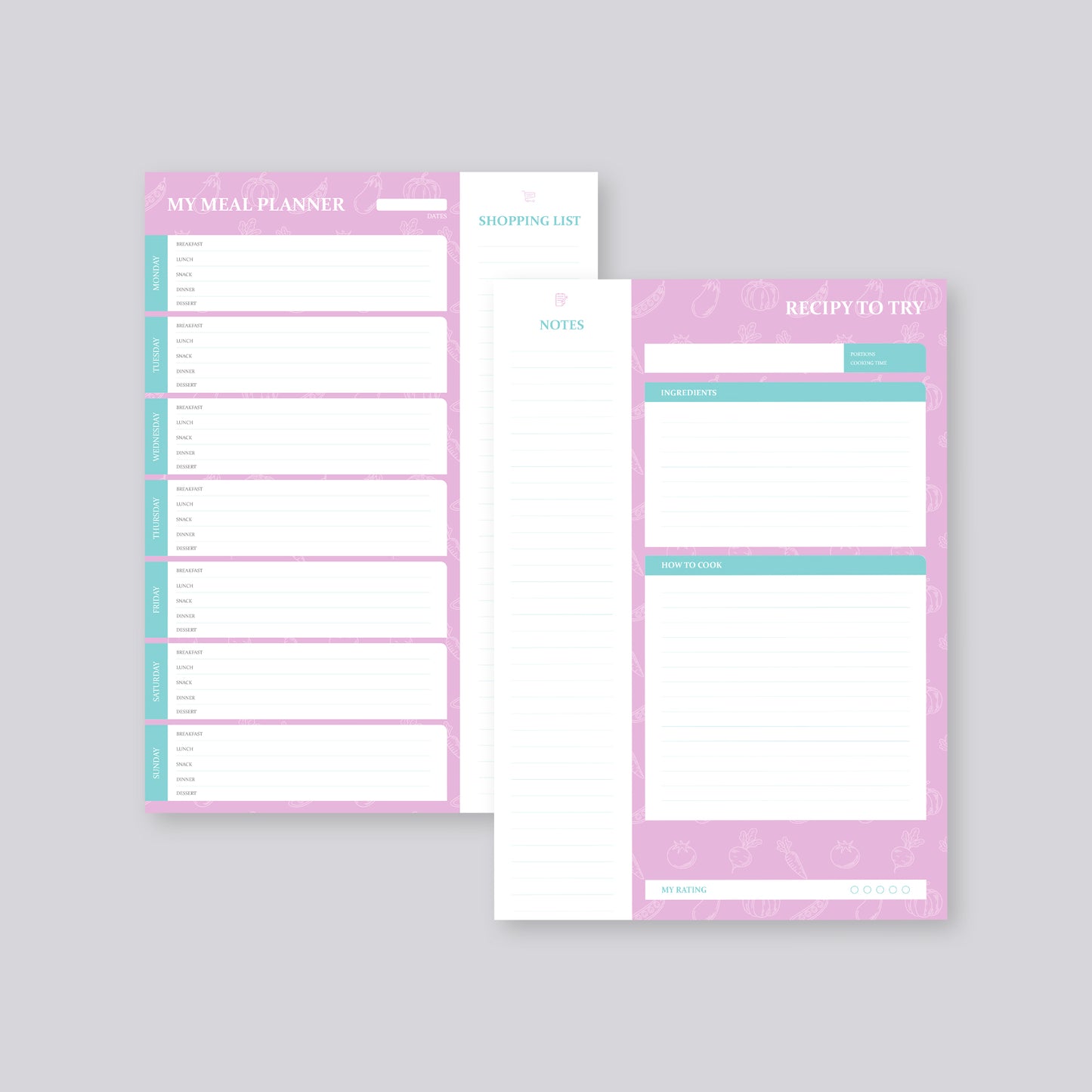 Pink weekly meal planner with sections for meals, shopping list, notes, and recipe template