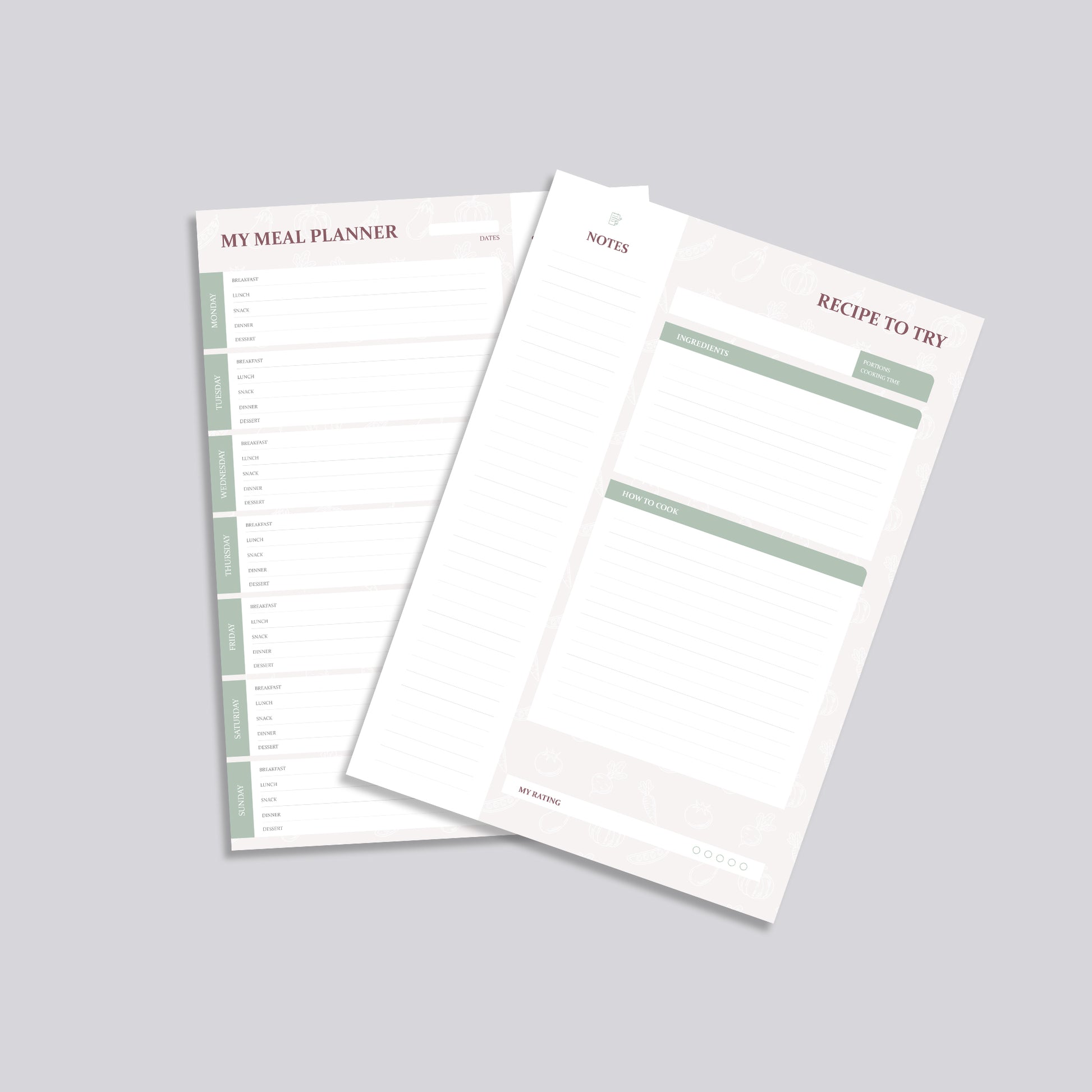 Beige weekly meal planner with sections for breakfast, lunch, dinner, snacks, shopping list, and recipe card