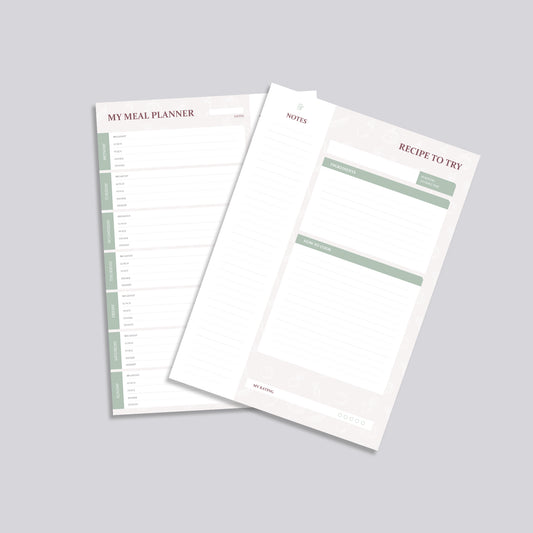 Beige weekly meal planner with sections for breakfast, lunch, dinner, snacks, shopping list, and recipe card