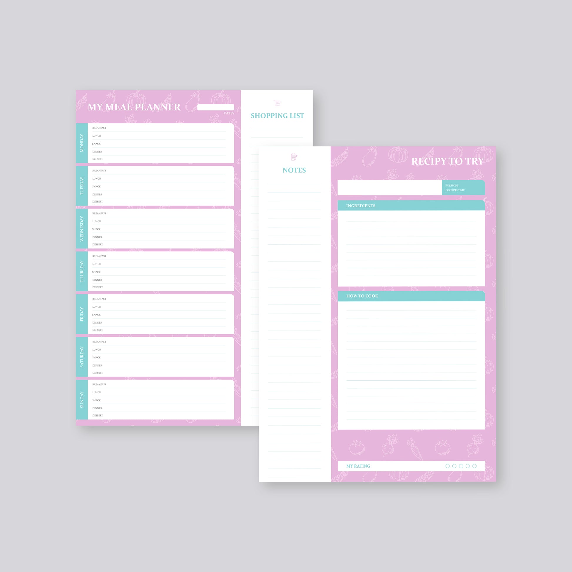 Pink weekly meal planner with sections for meals, shopping list, notes, and recipe template