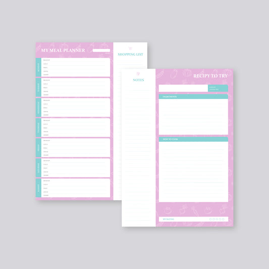 Pink weekly meal planner with sections for meals, shopping list, notes, and recipe template